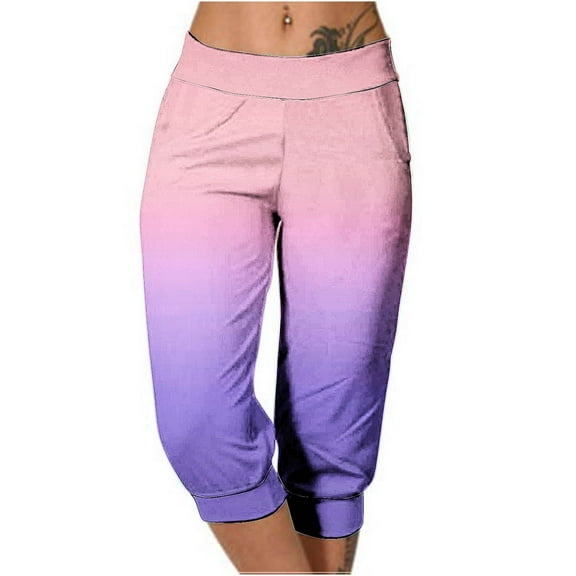 CLOISE Capri Pants for Women Stretch Capris Joggers With Pockets Soft Elastic Waist Running Petite Capri Sweatpants Pull On Capri Lounge Pants Gradient Color Casual Yoga Capris Pink