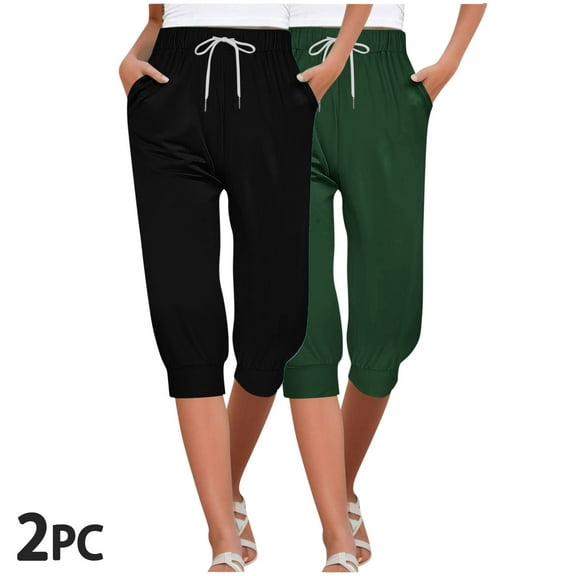 CLOISE Capri Yoga Pants for Women 2 Pack Capri Yoga Pants With Pockets Athletic Elastic Waist Stretch Capri Leggings Drawstring Mid Rise Cropped Pants Solid Lounge Soft Capri Trousers Multicolor
