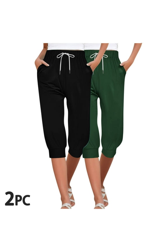 Capri Yoga Pants for Women 2 Pack Capri Yoga Pants With Pockets Athletic Elastic Waist Stretch Capri Leggings Drawstring Mid Rise Cropped Pants Solid Lounge Soft Capri Trousers Multicolor