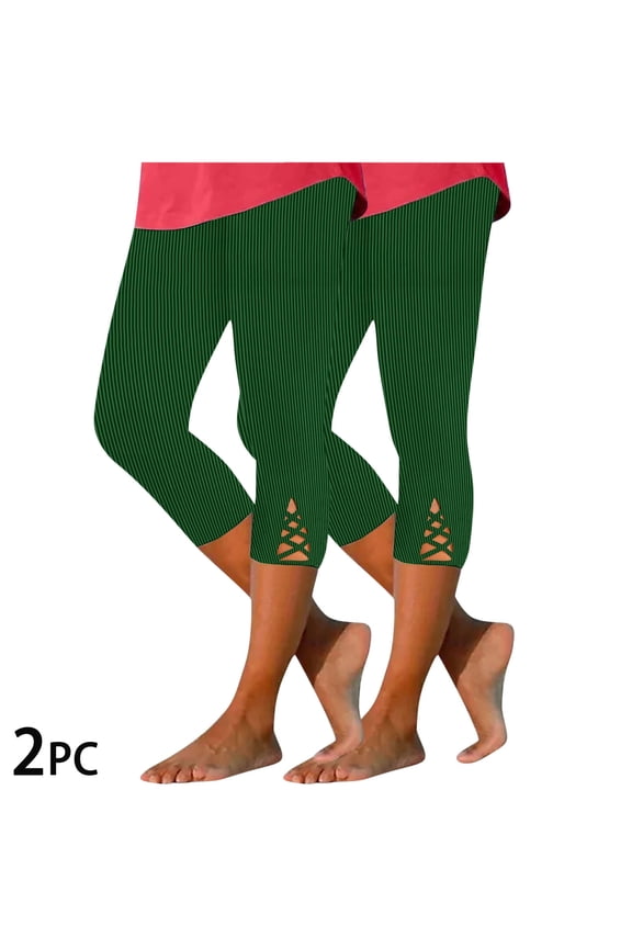 Capri Yoga Pants for Women 2 Pack High Waisted Cutout Capri Leggings Pull On Stretch Soft Capri Yoga Pants Elastic Waist Lounge Capris Striped Lounge Capri Pants Summer Army Green