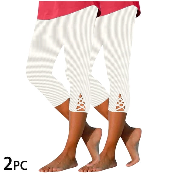CLOISE Capri Yoga Pants for Women Athletic 2 Pack High Waisted Cutout Capri Leggings Pull On Stretch Soft Capri Yoga Pants Elastic Waist Lounge Capris Striped Lounge Capri Pants Summer White