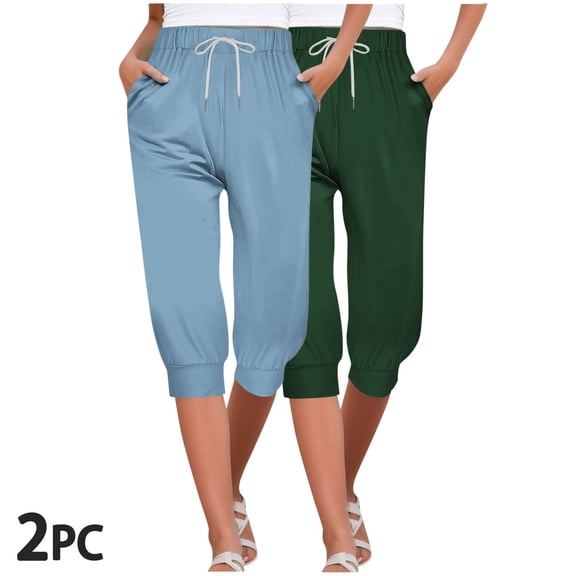 CLOISE Capri Yoga Pants for Women Athletic 2 Pack Petite Capri Pants With Pockets Stretch Mid Rise Workout Leggings Elastic Waist Lounge Capris Drawstring Lounge Capri Pants Solid Multicolor