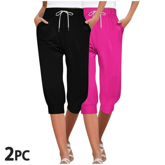 CLOISE Capri Yoga Pants for Women Athletic 2 Pack Petite Capri Pants With Pockets Stretch Mid Rise Workout Leggings Elastic Waist Soft Capri Yoga Pants Drawstring Lounge Capri Pants Solid Multicolor