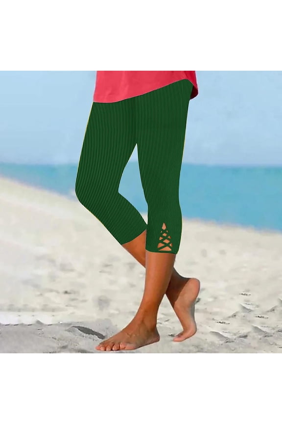 Capri Yoga Pants for Women High Waisted Cutout Capri Leggings Pull On Stretch Soft Capri Yoga Elastic Waist Workout Cropped Pants Striped Lounge Capri Pants Army Green