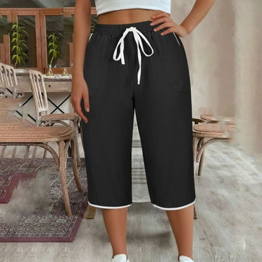 CLOISE Capris Pants for Women Active Plus Size Cotton Linen Capris Pull On Straight Cropped Trousers Drawstring Lounge Elastic Waist Capris Pants Casual Summer Black