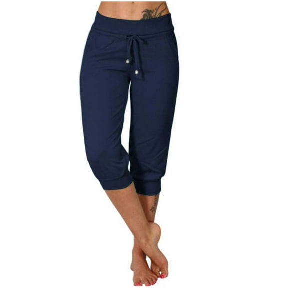 CLOISE Capris Pants for Women with Pockets Stretch Leggings Elastic Waisted Yoga Pants Petite Summer Casual Fashion Solid Loose Lightweight Cropped Sweatpants Navy 2XL