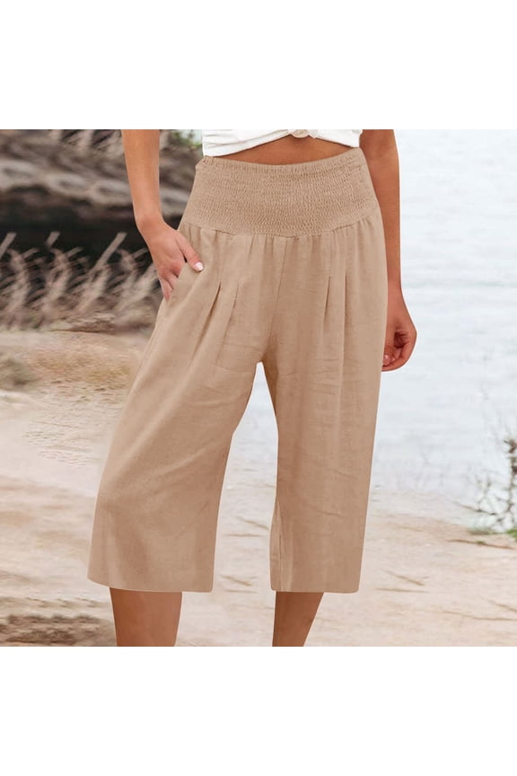 Capris Pants for Women with Pockets Stretch Wide Leg Pants Elastic High Waisted Flowy Pants Linen Petite Summer Casual Fashion Solid Loose Lightweight Cropped Palazzo Trousers Khaki 2XL