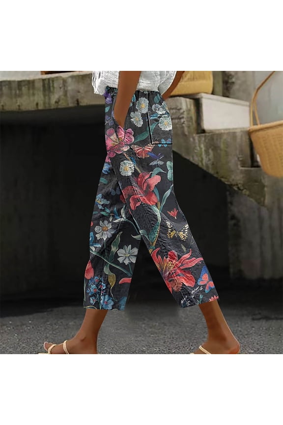 Capris Pants for Women with Pockets Stretch Wide Leg Pants Elastic High Waisted Palazzo Pants Petite Summer Casual Fashion Printed Loose Lightweight Cropped Flowy Trousers Multicolor L