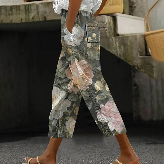 CLOISE Capris Pants for Women with Pockets Stretch Wide Leg Pants Elastic High Waisted Palazzo Pants Petite Summer Casual Fashion Printed Loose Lightweight Cropped Flowy Trousers Multicolor XL