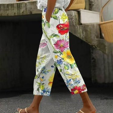 CLOISE Capris Pants for Women with Pockets Stretch Wide Leg Pants Elastic High Waisted Palazzo Pants Petite Summer Casual Fashion Printed Loose Lightweight Cropped Flowy Trousers Multicolor XL