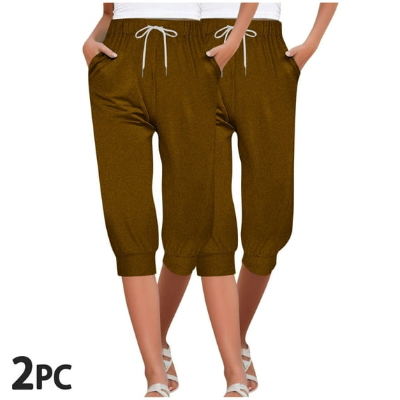 CLOISE Capris for Women 2 Pack Stretch Capris Joggers With Pockets Drawstring Soft Elastic Waist Running Petite Capri Sweatpants Pull On Capri Lounge Pants Solid Yoga Capris Summer Brown