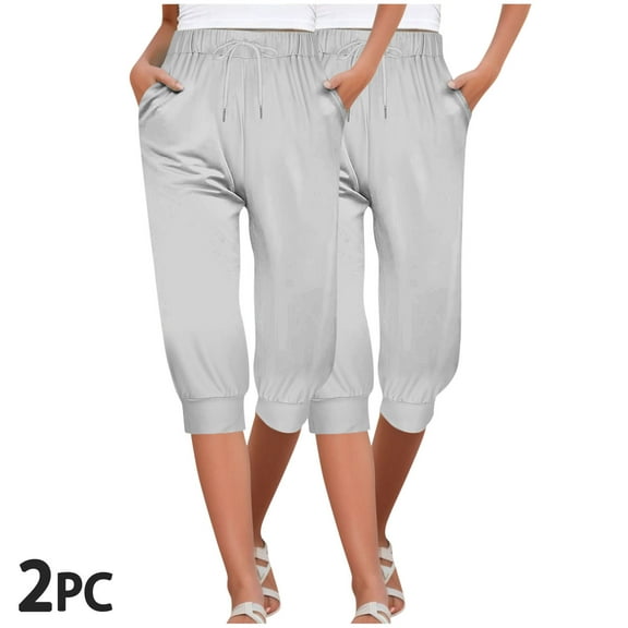 CLOISE Capris for Women Athletic 2 Pack Stretch Capris Joggers With Pockets Drawstring Soft Elastic Waist Running Petite Capri Sweatpants Pull On Capri Lounge Pants Solid Yoga Capris Summer Gray
