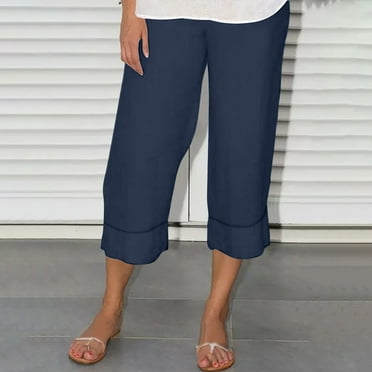 CLOISE Capris for Women Athletic Cotton Linen Capris Stretch High Waisted Cropped Pants Straight Pull On Capri Pants Elastic Waist Lounge Capris Solid Soft Yoga Trousers Casual Summer Blue