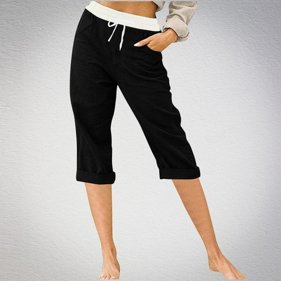 CLOISE Capris for Women Cotton Linen Capris With Pockets Stretch High Waisted Cropped Pants Straight Pull On Capri Pants Elastic Waist Lounge Capris Drawstring Soft Yoga Trousers Black