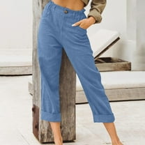CLOISE Capris for Women Cotton Linen Petite Capris Button Elastic Waist Capris Pants Pull On Straight Lounge Trousers Comfy High Waisted Capris Summer Dark Blue