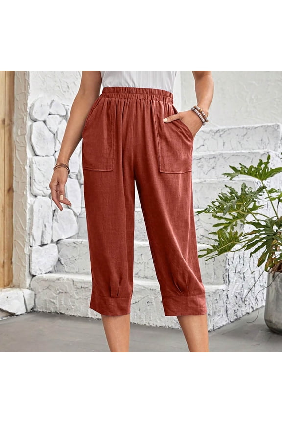 Capris for Women with Pockets Plus Size Stretch Wide Leg Pants Elastic High Waisted Palazzo Pants Linen Summer Casual Fashion Solid Loose Lightweight Cropped Flowy Trousers Wine 3XL