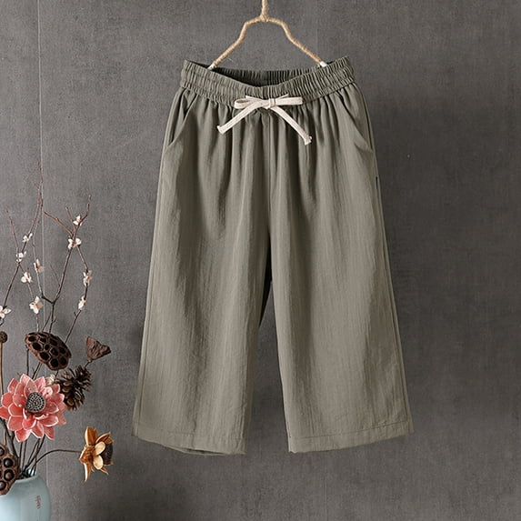 CLOISE Capris for Women with Pockets Plus Size Stretch Wide Leg Pants Elastic Waisted Palazzo Pants Cotton Summer Casual Fashion Solid Loose Lightweight Cropped Flowy Trousers Green 4XL