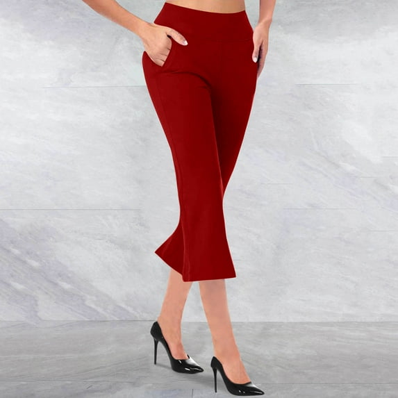 CLOISE Capris for Women with Pockets Stretch Flare Pants Elastic High Waisted Wide Leg Pants Petite Summer Casual Fashion Solid Loose Cropped Flowy Trousers Red S