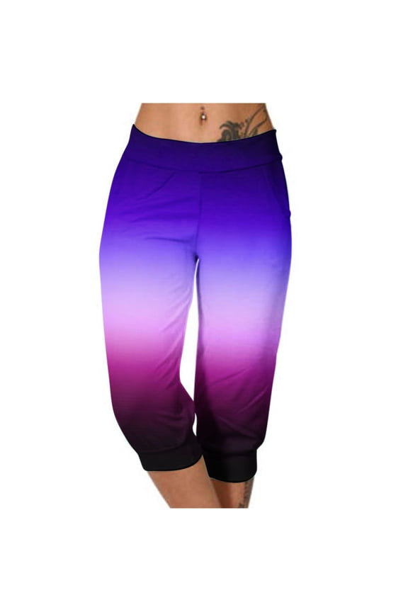 Capris for Women with Pockets Stretch Leggings Elastic Waisted Yoga Pants Summer Casual Fashion Gradient Color Lightweight Cropped Sweatpants Purple XL