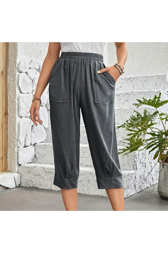 Capris for Women with Pockets Stretch Wide Leg Pants Elastic High Waisted Palazzo Pants Linen Petite Summer Casual Fashion Solid Loose Lightweight Cropped Flowy Trousers Dark Gray XL