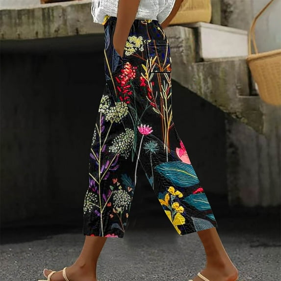 CLOISE Capris for Women with Pockets Stretch Wide Leg Pants Elastic High Waisted Palazzo Pants Petite Summer Casual Fashion Printed Loose Lightweight Cropped Flowy Trousers Multicolor XL