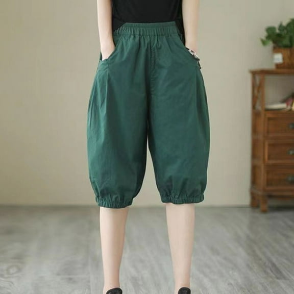 CLOISE Capris for Women with Pockets Stretch Wide Leg Pants Elastic High Waisted Palazzo Pants Summer Casual Fashion Solid Loose Lightweight Cropped Trousers Army Green M
