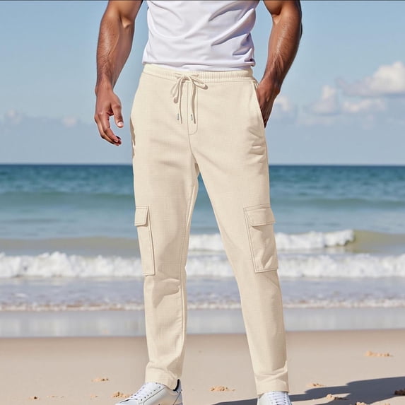 CLOISE Cargo Pants Men with Pockets Big and Tall Drawstring Mid Waist Straight Leg Long Pants Elastic Waist Solid Baggy Vacation Outfits Khaki XL
