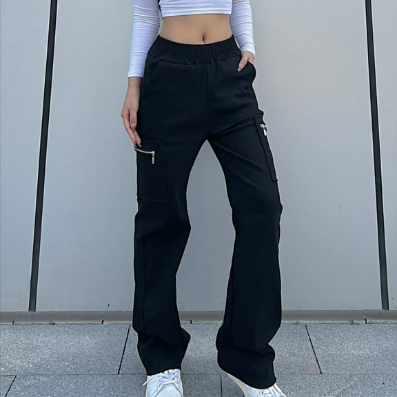 CLOISE Cargo Pants Women High Waisted Cargo Pants Baggy Cargo Pants With Pockets Straight Leg Trousers Loose Casual Wide Leg Pants Pull On Capri Lounge Pants Black