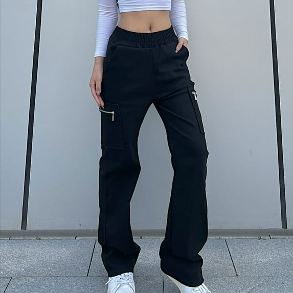CLOISE Cargo Pants Women High Waisted Cargo Pants Baggy Cargo Pants With Pockets Straight Leg Trousers Loose Casual Wide Leg Pants Pull On Capri Lounge Pants Black