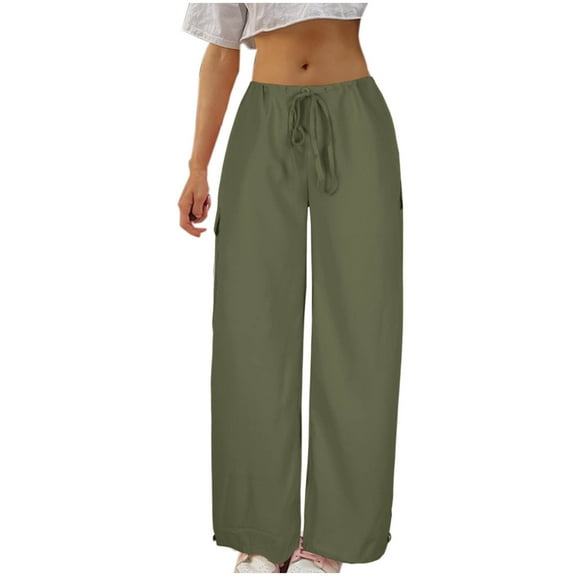 CLOISE Cargo Pants Women Plus Size Mid Rise Cargo Pants With Pockets Drawstring Baggy Cargo Pants Straight Leg Trousers Casual Lightweight Cargo Pants Loose Streetwear Long Pants Army Green