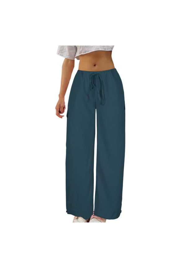 Cargo Pants for Women Plus Size Mid Rise Cargo Pants With Pockets Drawstring Baggy Cargo Pants Straight Leg Trousers Casual Lightweight Cargo Pants Loose Streetwear Long Pants Navy