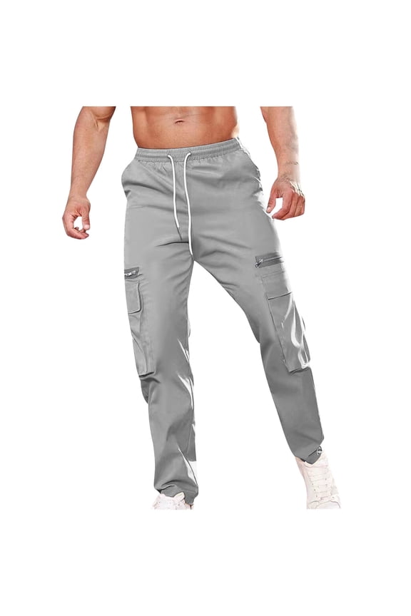 Cargo Pants for Men Big and Tall Trousers Zipper Drawstring Baggy Solid Bottoms Casual Clothes with Pockets