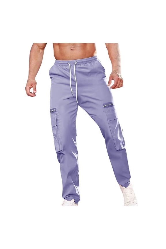 Cargo Pants for Men Big and Tall Trousers Zipper Drawstring Baggy Solid Bottoms Casual Clothes with Pockets