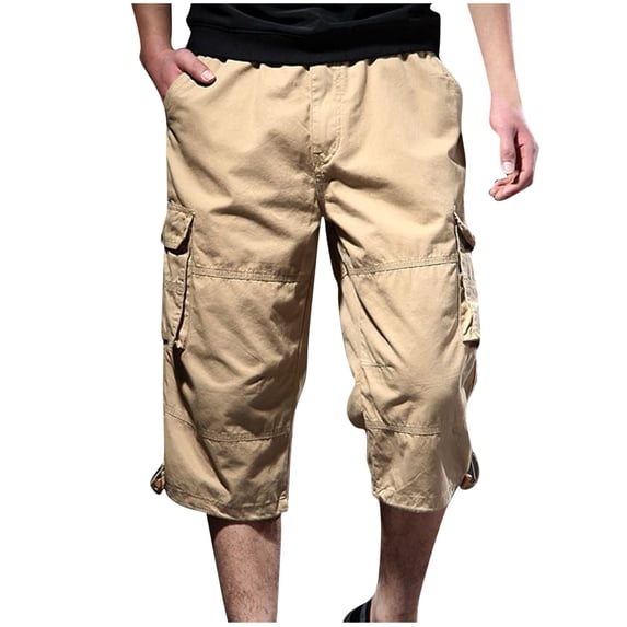 CLOISE Cargo Pants for Men with Pockets Big and Tall High Waist Capri Trousers Solid Baggy Button Bottoms Casual Clothes