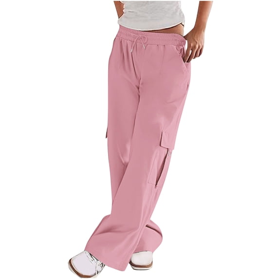 CLOISE Cargo Pants for Women with Pockets Plus Size Trousers Straight Leg Drawstring Baggy Solid Bottoms Casual Clothes