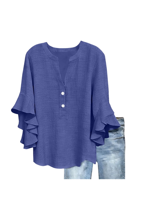 Casual Blouses for Women 3/4 Sleeve Plus Size Ruffle Ruffle Sleeve T Shirts Button Loose Solid Color V Neck Pullover Cotton Linen Fall Tops Sky Blue 3XL