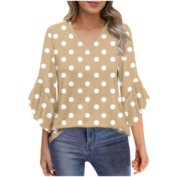 CLOISE Casual Blouses for Women 3/4 Sleeve Bell Sleeve T Shirts Loose Polka Dot V Neck Pullover Trendy Fall Tops Khaki 2XL