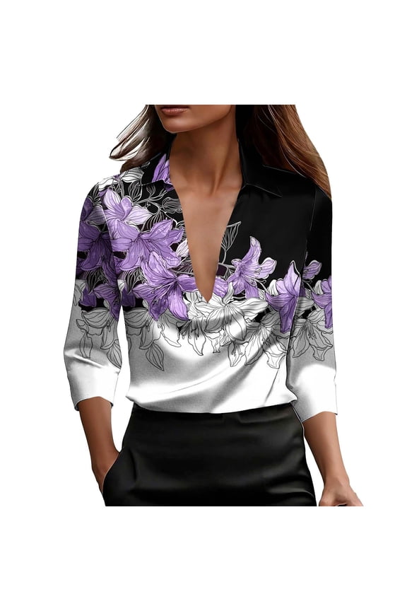 Casual Blouses for Women 3/4 Sleeve Plus Size T Shirts Half Zipper Floral Collared Pullover Satin Trendy Fall Tops Purple M