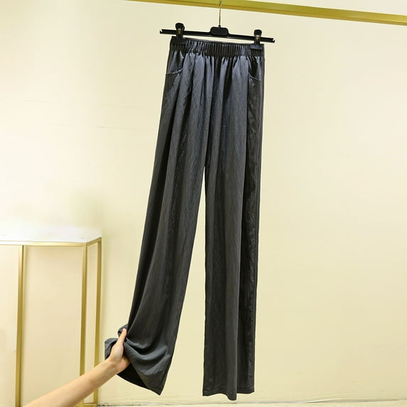 CLOISE Casual Palazzo Pants for Women Casual Petite Cotton Wide Leg Pants With Pockets Drawstring Elastic Waist Comfy Mid Rise Palazzo Pants Pull On Cropped Pants Casual Loose Straight Trousers Gray