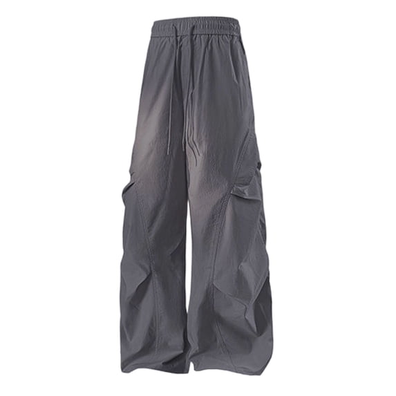 CLOISE Casual Pants for Men with Multi Pocket Big and Tall Drawstring Ruched Mid Waist Straight Leg Long Pants Elastic Waist Solid Baggy Travel Vacation Outfits Dark Gray 4XL