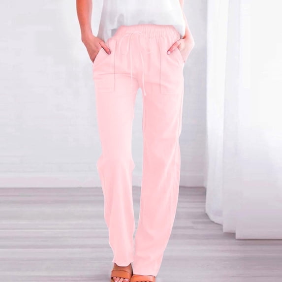 CLOISE Casual Pants for Women with Pockets Drawstring Elastic Waist Cotton Linen Solid Summer Pants