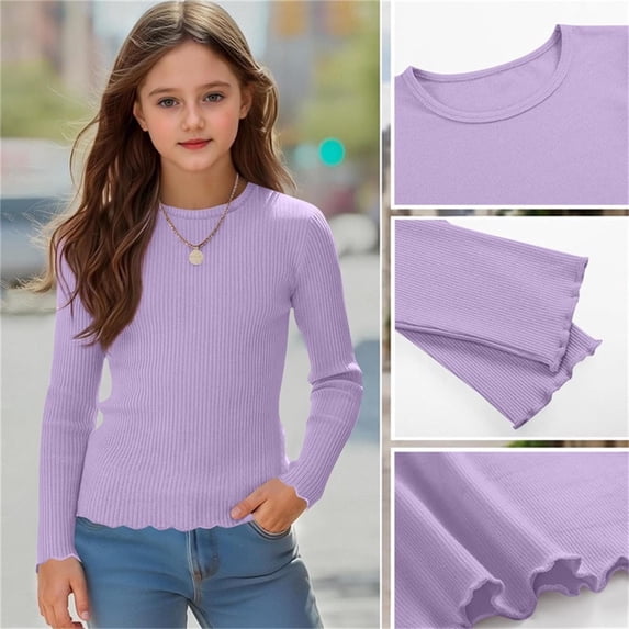 CLOISE Casual Shirts for Kids Girls Boys Long Sleeve Tops Crewneck Pullover Ribbed Knit Solid Color Blouses Purple