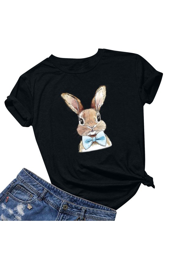 Casual Shirts for Women Short Sleeve Easter Plus Size Tops Crewneck Holiday Pullover Bunny Holiday Blouses Black