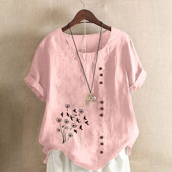 CLOISE Casual Shirts for Women Short Sleeves Plus Size Tops Button Round Neck Pullover Graphic Summer Blouses Pink