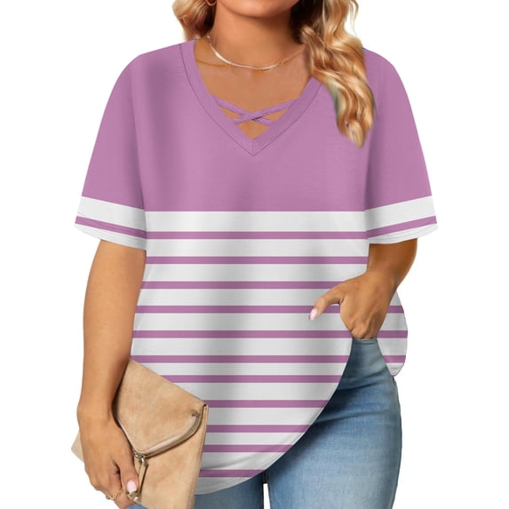 CLOISE Casual Shirts for Women Short Sleeves Plus Size Tops Tunic V Neck Pullover Color Block Summer Blouses Pink