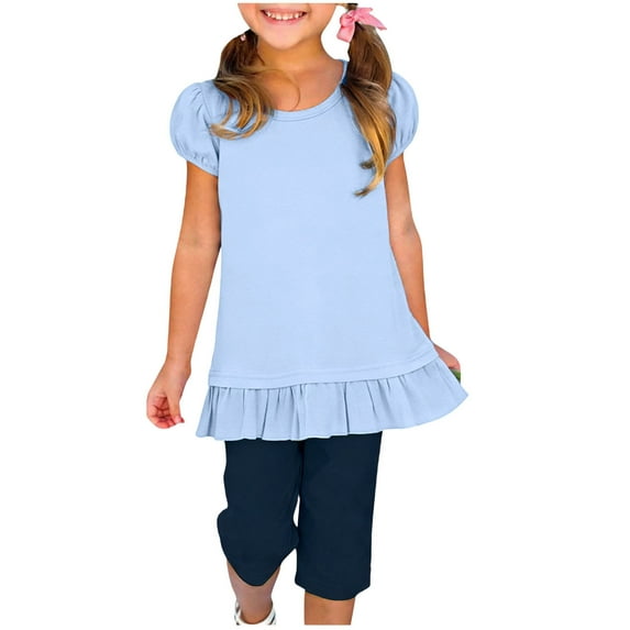 CLOISE Casual Tops for Girls Short Sleeve Shirts Tunic Crewneck Pullover Solid Color Summer Blouses Light Blue