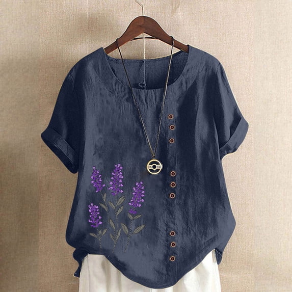 CLOISE Casual Tops for Women Short Sleeve Plus Size Shirts Button Crewneck Pullover Graphic Summer Blouses Navy