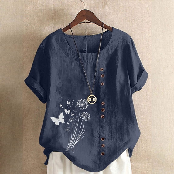 CLOISE Casual Tops for Women Short Sleeve Plus Size Shirts Button Round Neck Pullover Graphic Summer Blouses Navy