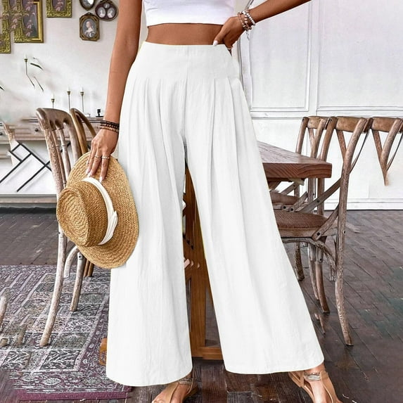 CLOISE Casual Wide Leg Pants for Women Casual High Waisted Cotton Linen Palazzo Pants Pull On Loose Fit Palazzo Pants Lightweight Comfy Elastic Waist Wide Leg Pants Solid Straight Leg Pants White