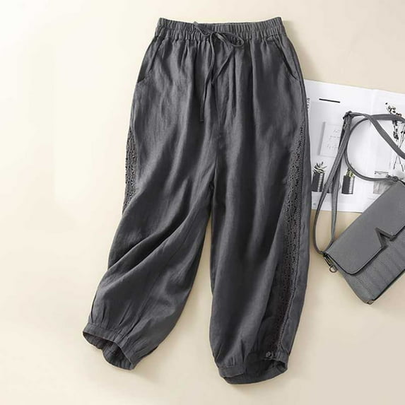 CLOISE Crop Wide Leg Jumpsuit Stretchy Cotton Linen Capris Mid Rise Wide Leg Capris Drawstring Elastic Waist Capri Palazzo Pants Straight Pull On Lounge Capris Casual Summer Solid Cropped Pants Gray